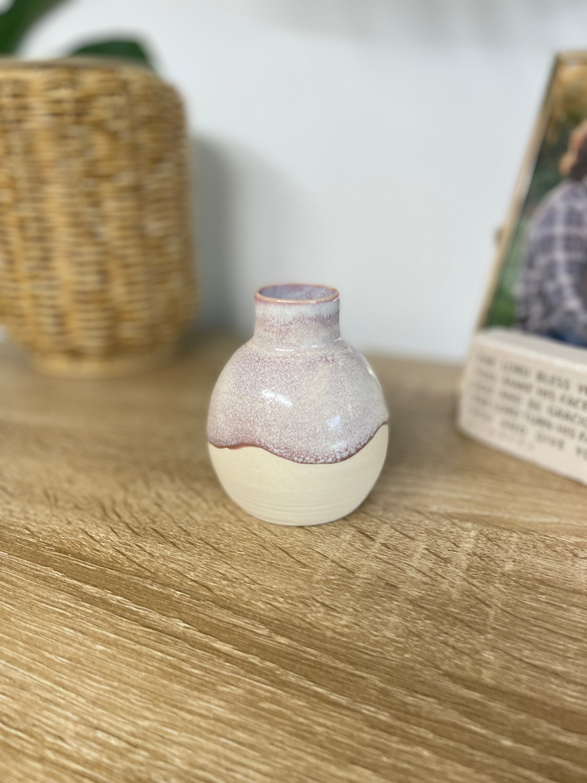 Hazy lavender colored small ceramic bud vase