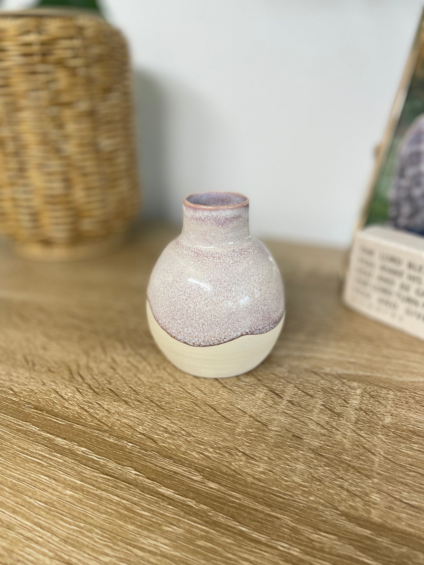 Hazy lavender colored small ceramic bud vase
