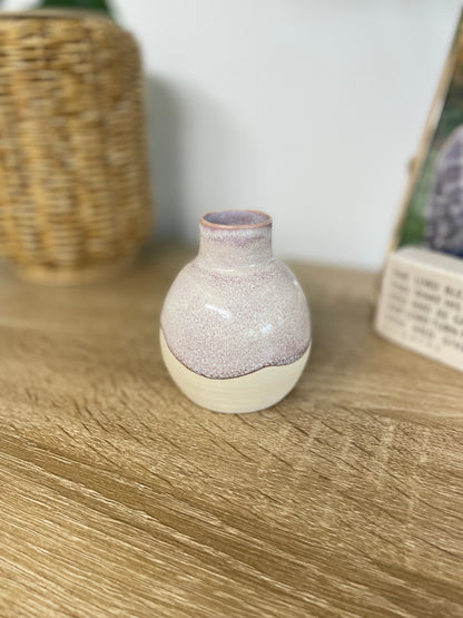 Hazy lavender colored small ceramic bud vase