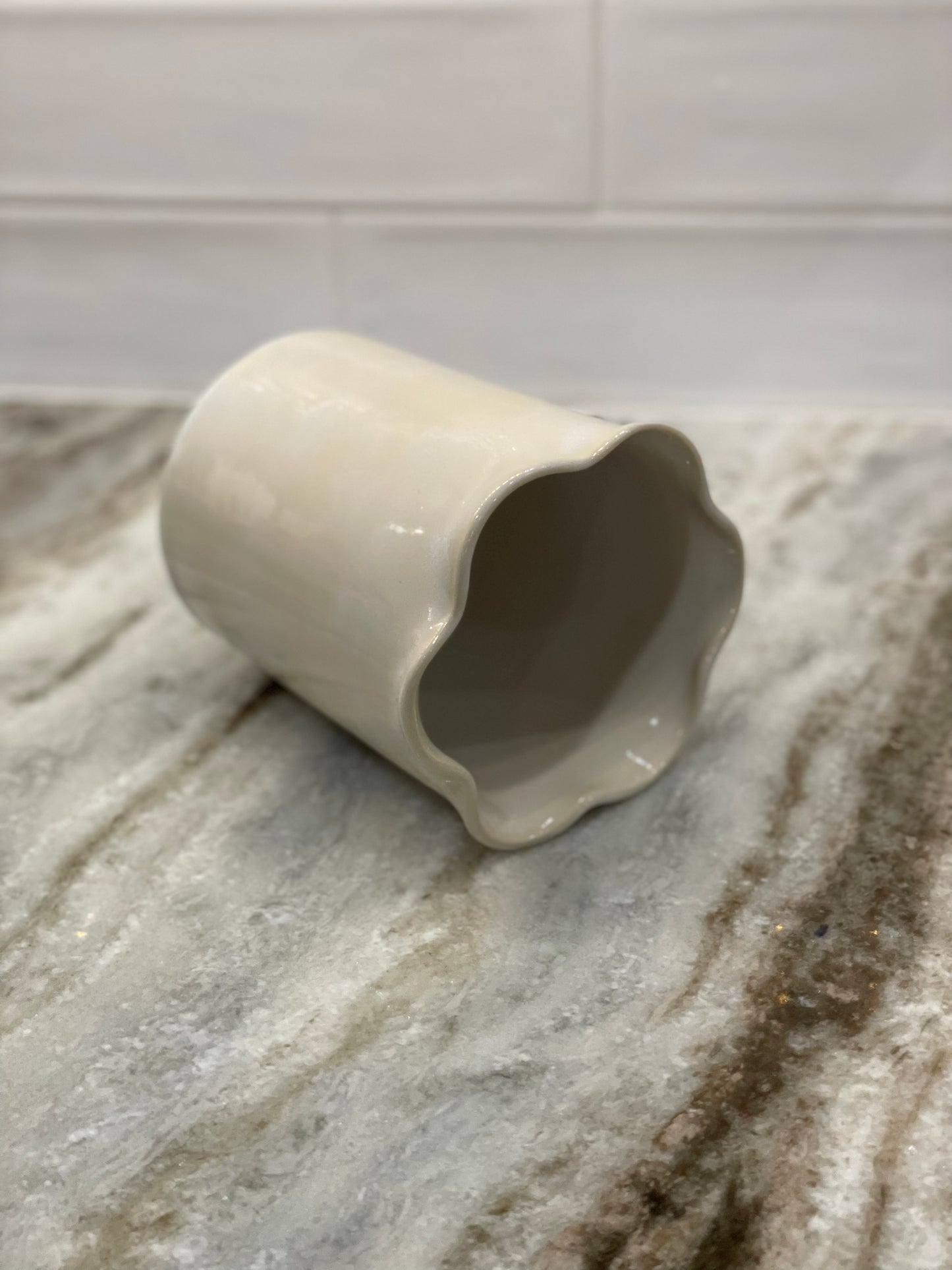 Eggshell Ruffle Ceramic Utensil Crock // Planter