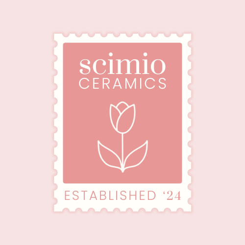 Scimio Ceramics logo in the style of a postage stamp with a tulip illustration on a pink background