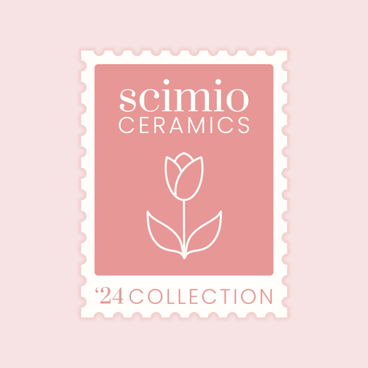 Pink two tone Scimio Ceramics logo that looks like a postage stamp with a drawing of a tulip.